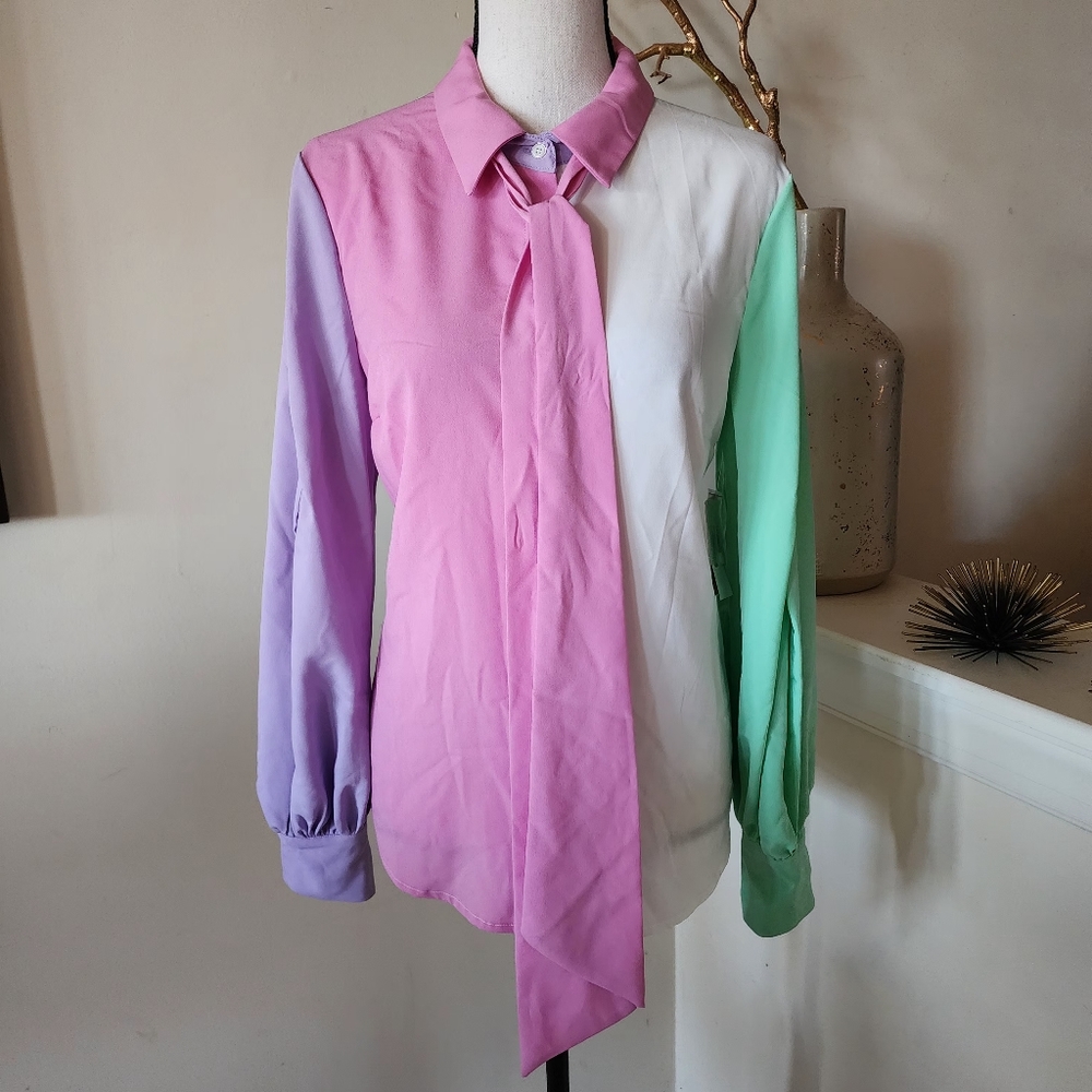 🔥Riley & Rae Colorblocked Tie-Neck Blouse - Picture 3 of 17